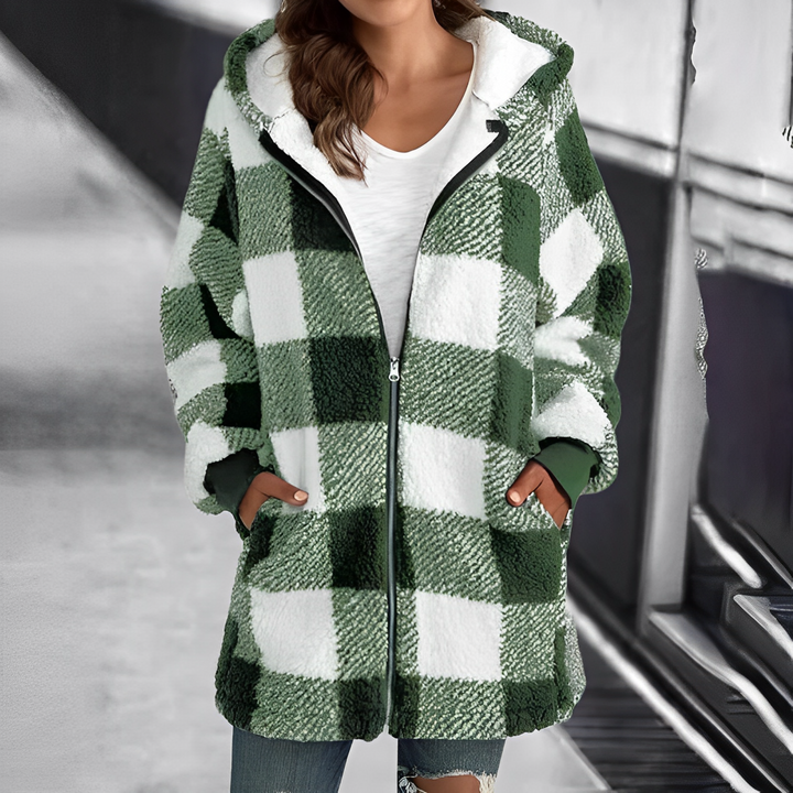 Grün-weiß karierte Damenjacke mit Kapuze, Reißverschluss, warmes Fleece, modisch, bequem.