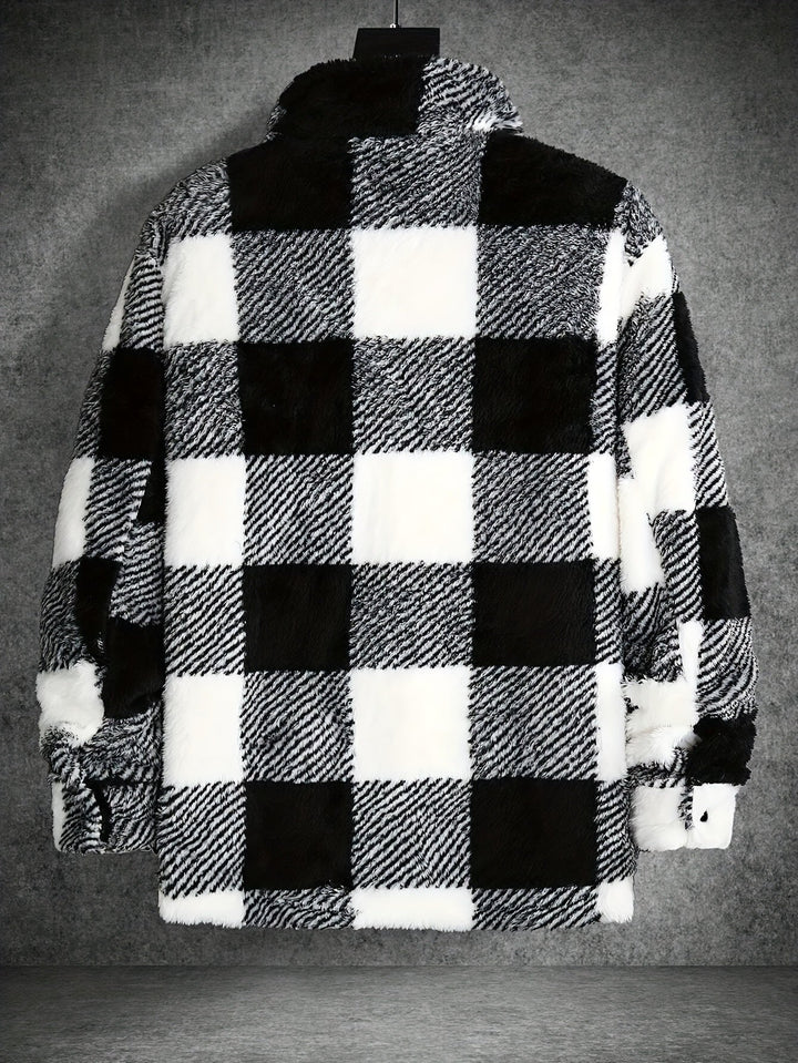 Schwarz-weiß karierte Fleecejacke, warm, modisch, Winterbekleidung, Herrenmode, kariertes Muster.