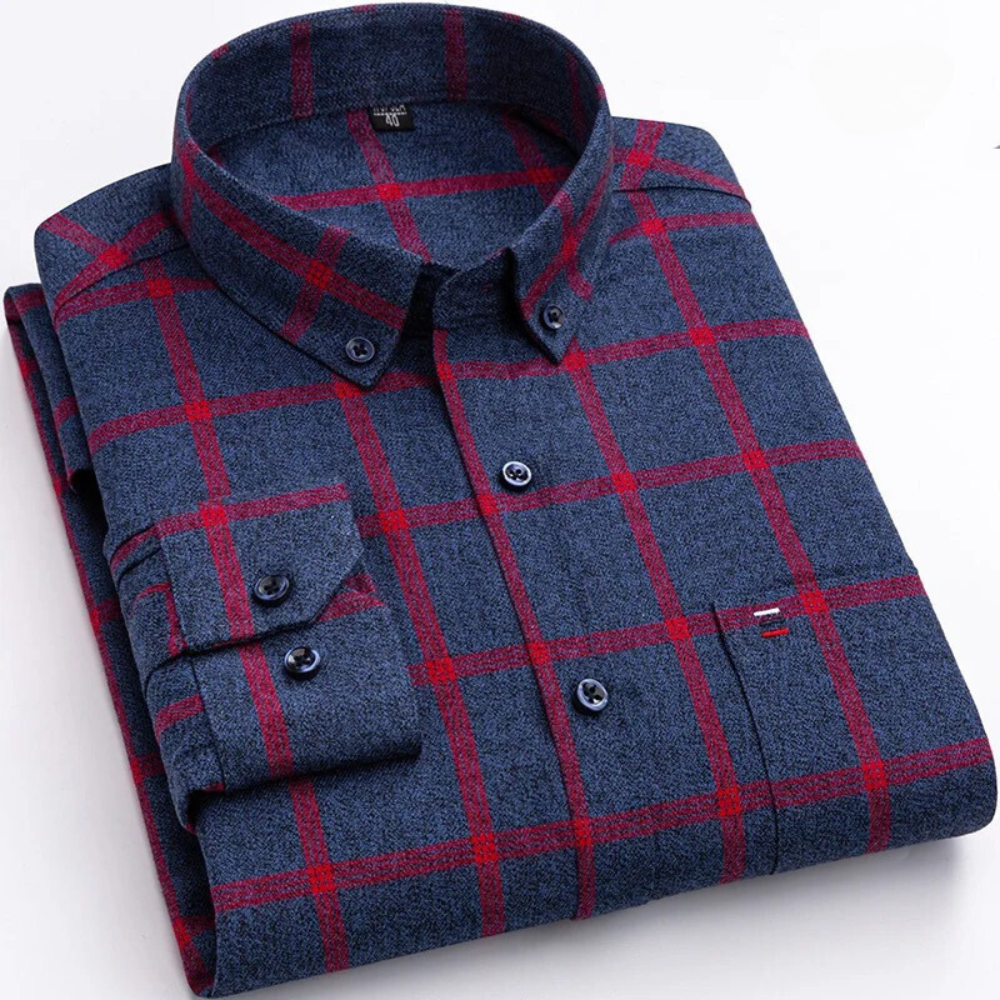Blaues kariertes Herrenhemd, Langarm, Baumwolle, Freizeitmode, Knopfleiste, klassischer Stil.