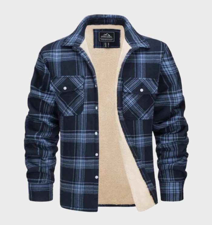 Blau-schwarz kariertes Herrenhemd mit Fleece-Futter, warm, modisch, Winterbekleidung.