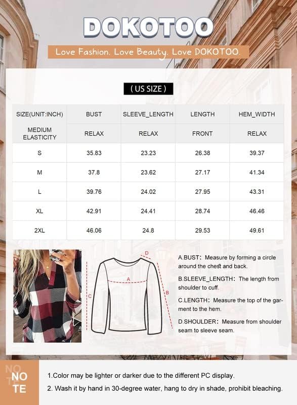 Größentabelle für Damenbluse, kariert, Größen S-2XL, mit Maßangaben in Zoll.