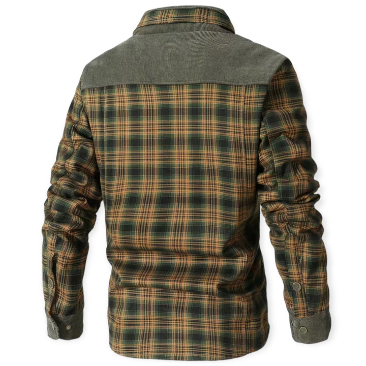 Grünes kariertes Herrenhemd aus Flanell, langärmelig, Freizeitmode, Rückansicht.