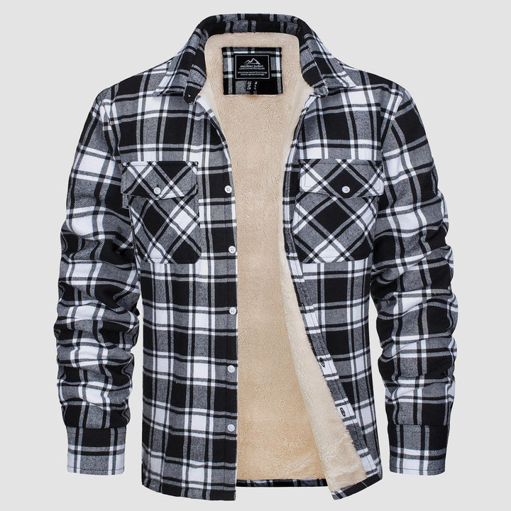 Schwarz-weiß kariertes Herrenhemd mit Fleece-Futter, warm, langärmelig, Freizeitmode.