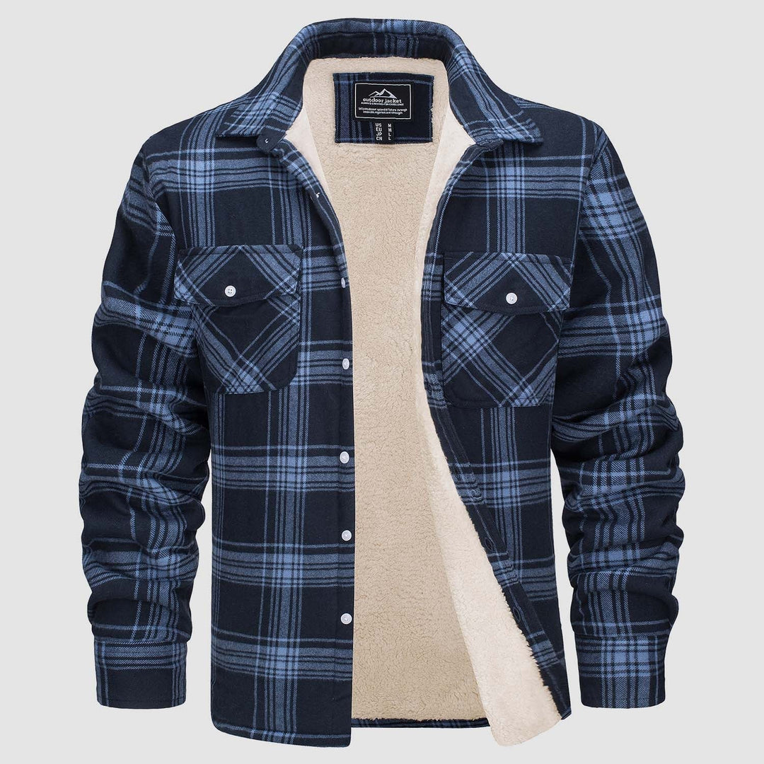 Dunkelblau kariertes Herrenhemd mit Fleece-Futter, warm, langärmelig, Knopfleiste.
