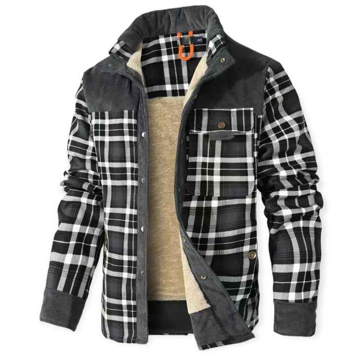 Schwarz-weiß karierte Herrenjacke, gefüttert, mit Knöpfen, ideal für Herbst und Winter.