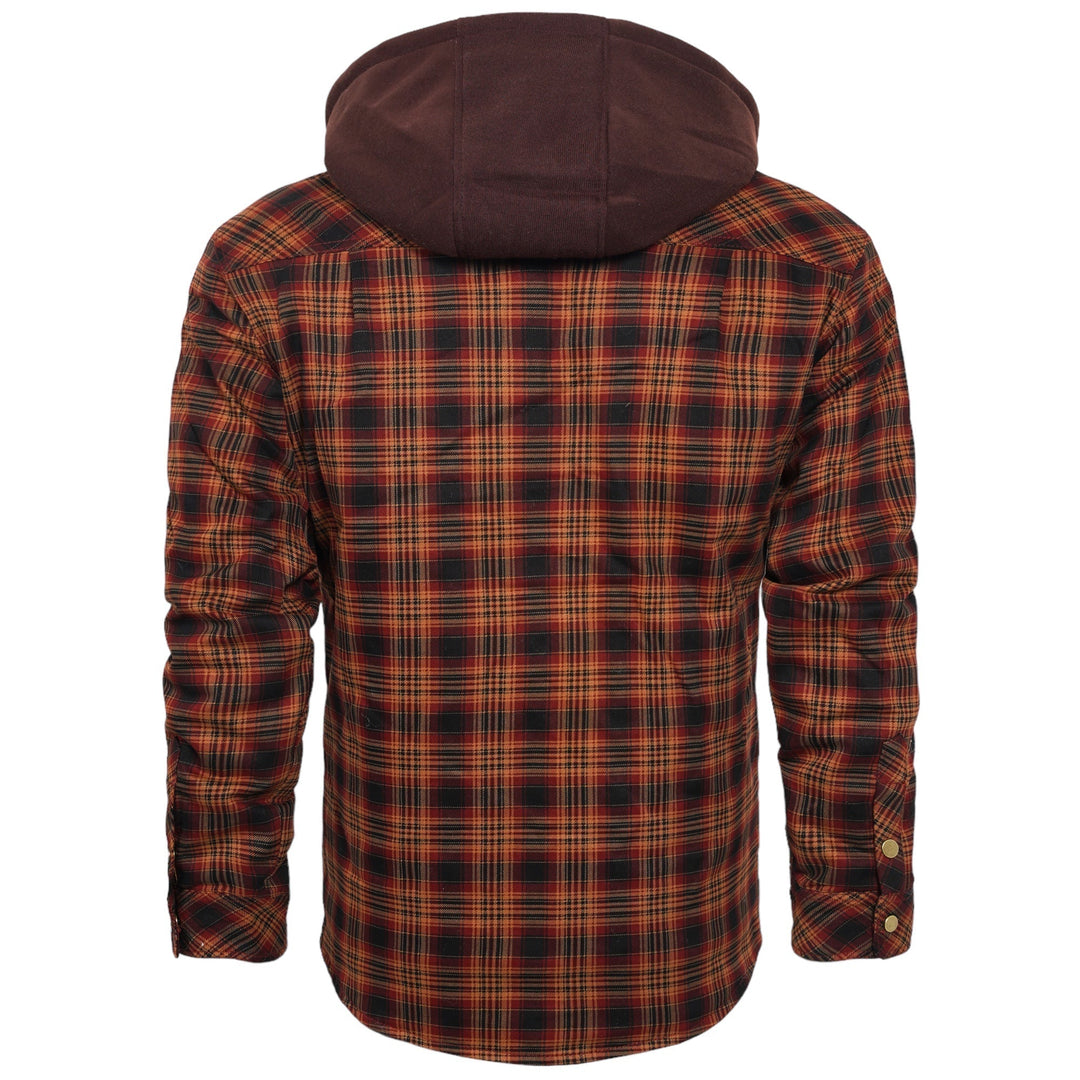 Kariertes Herrenhemd mit Kapuze, rot-schwarz, Baumwolle, Herbstmode, Rückansicht.