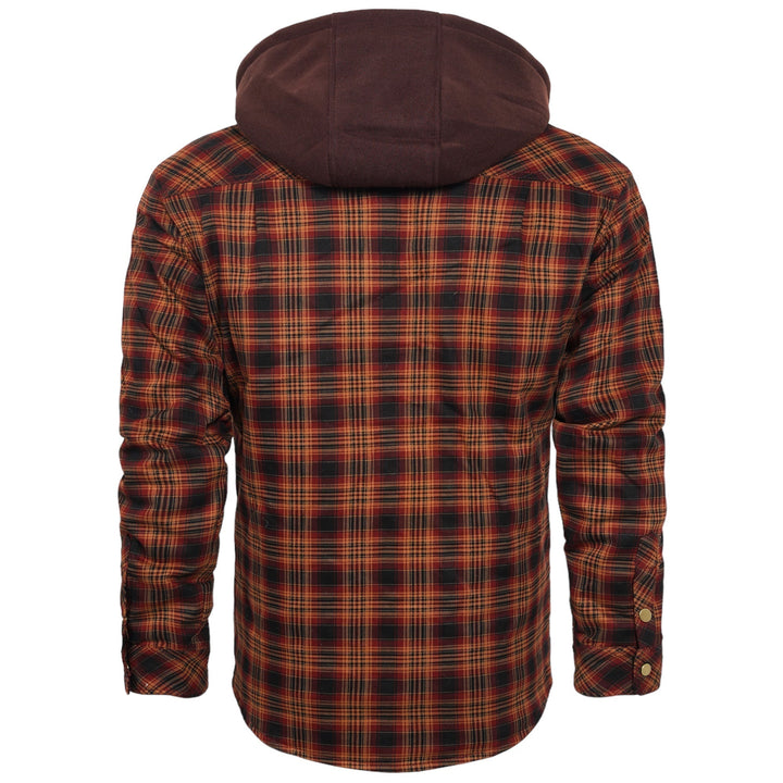 Kariertes Herrenhemd mit Kapuze, rot-schwarz, Baumwolle, Herbstmode, Rückansicht.