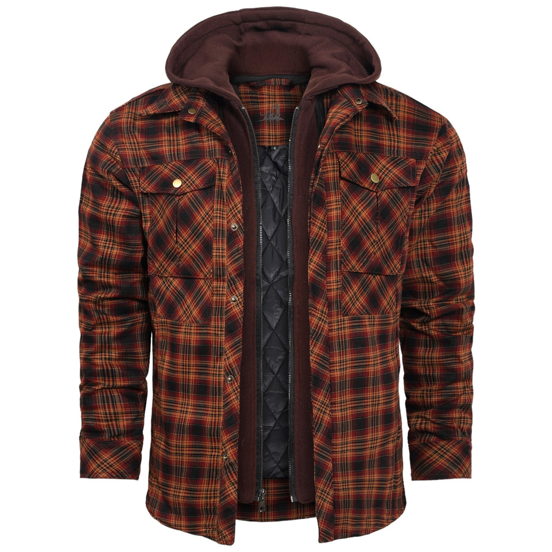 Rot-schwarz karierte Herrenjacke mit Kapuze, gefüttert, Baumwolle, Freizeitmode.