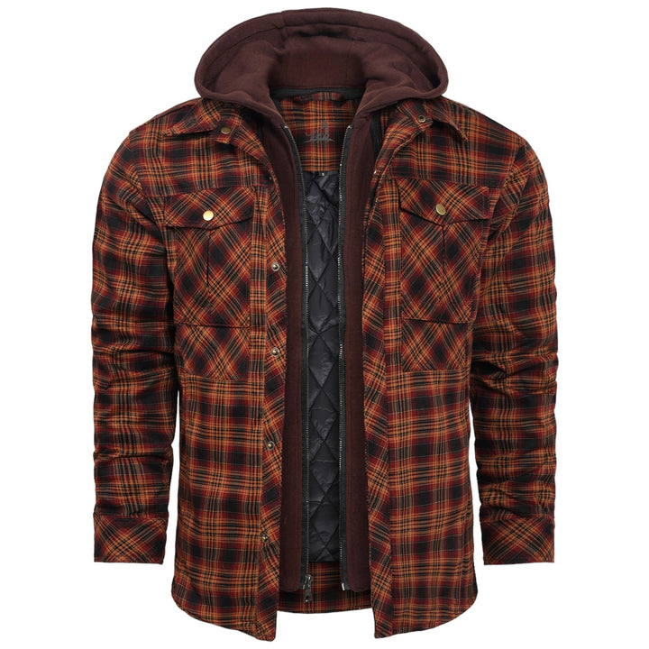 Rot-schwarz karierte Herrenjacke mit Kapuze, gefüttert, Baumwolle, Freizeitmode.