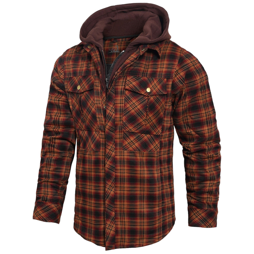 Kariertes Herrenhemd mit Kapuze, rot-schwarz, Baumwolle, Outdoor-Mode, Herbstbekleidung.