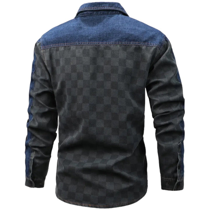 Herrenhemd kariert, schwarz-blau, Denim, Langarm, modisch, Freizeitkleidung, Rückansicht.