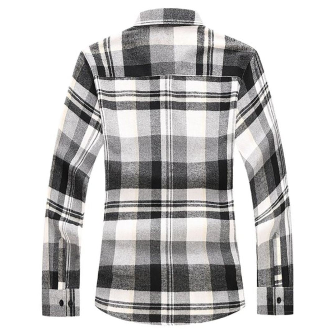 Schwarz-weiß kariertes Flanellhemd, langärmelig, Herrenmode, Rückansicht.