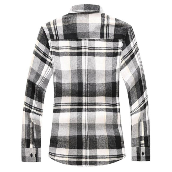 Schwarz-weiß kariertes Flanellhemd, langärmelig, Herrenmode, Rückansicht.