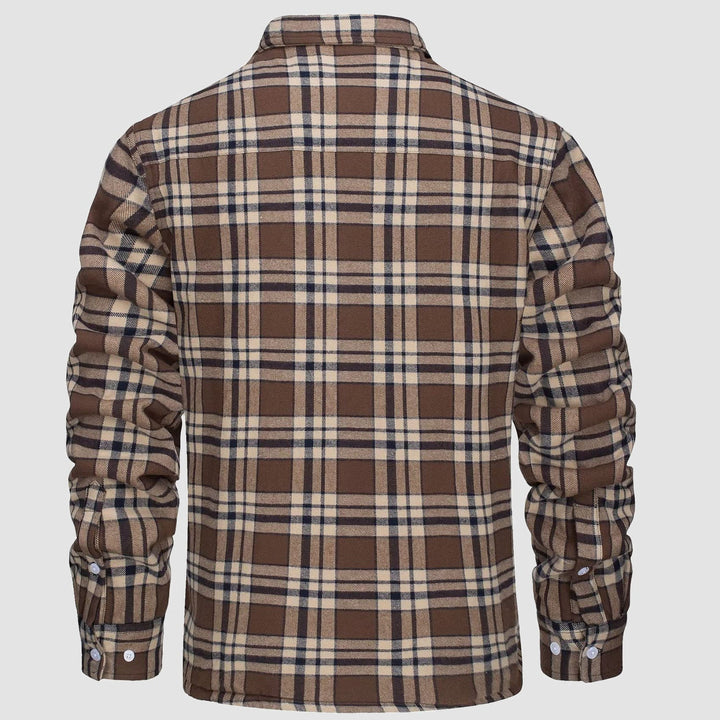 Kariertes Herrenhemd aus Flanell, braun-beige, langärmelig, Rückansicht, modisch, bequem.