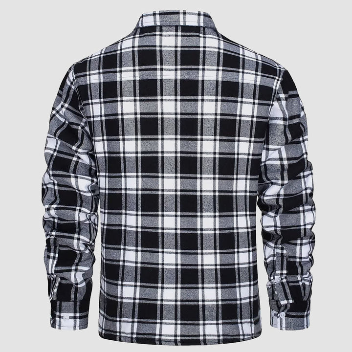 Schwarz-weiß kariertes Flanellhemd, langärmelig, Herrenmode, Freizeitkleidung.