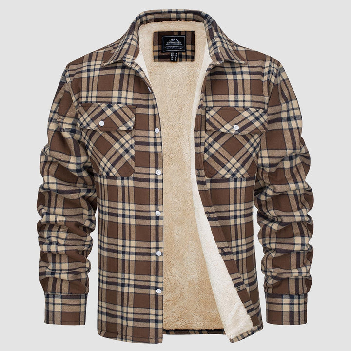 Braun kariertes Herrenhemd mit Fleece-Futter, Langarm, Knopfleiste, Wintermode.
