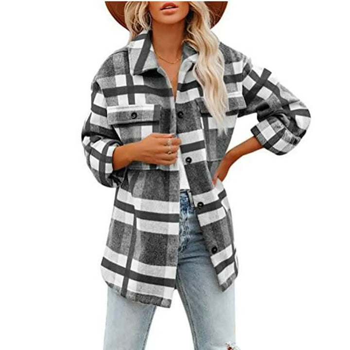 Damen Karohemdjacke, schwarz-weiß, langärmelig, lässig, Herbstmode, Baumwolle.