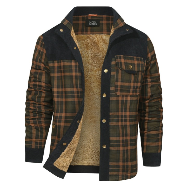 Braune karierte Herrenjacke mit Fleece-Futter, Knopfleiste und Brusttasche.