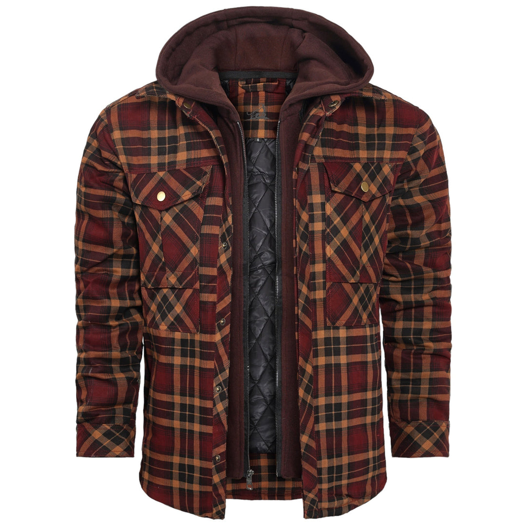 Kariertes Herrenhemd mit Kapuze, braun-rot, Baumwolle, Herbstmode, Outdoor-Bekleidung.