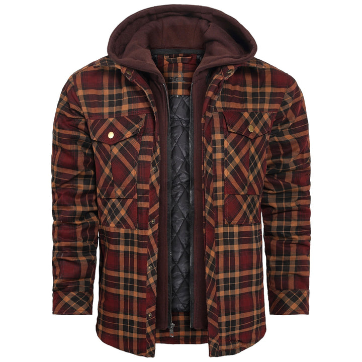 Kariertes Herrenhemd mit Kapuze, braun-rot, Baumwolle, Herbstmode, Outdoor-Bekleidung.