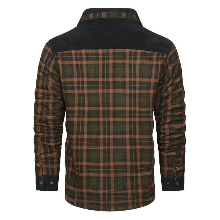 Kariertes Hemdjacke, marineblau-sandfarben, Baumwolle, Herrenmode, Rückansicht.