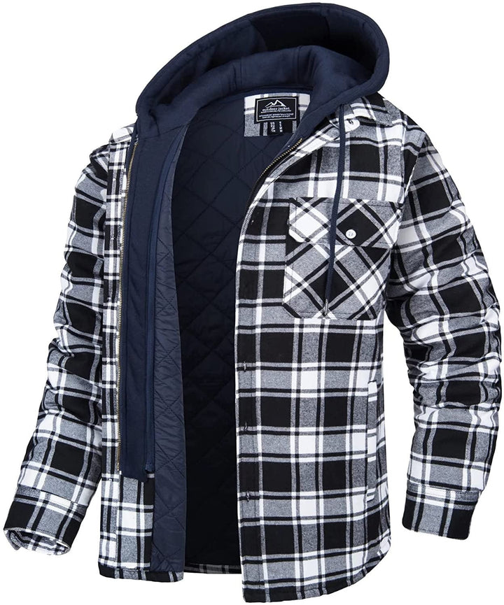Schwarz-weiß karierte Herrenjacke mit Kapuze, gefüttert, warm, Outdoor-Bekleidung.