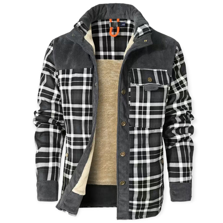 Schwarz-weiß karierte Herrenjacke, Fleece-Innenfutter, Knopfleiste, Wintermode.