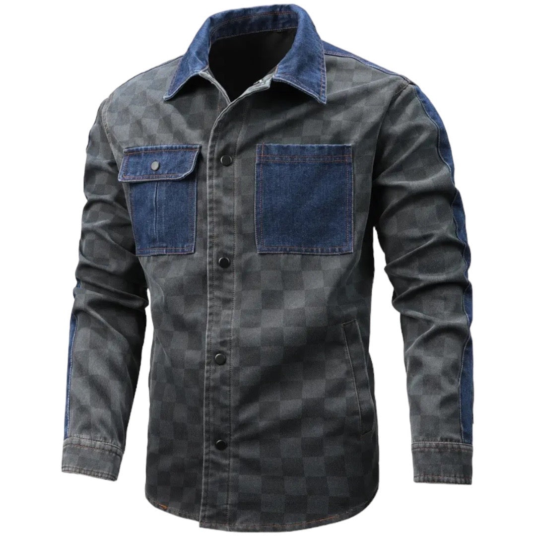 Graue karierte Herrenjacke mit blauen Denim-Akzenten, Langarm, modisch, Freizeitkleidung.