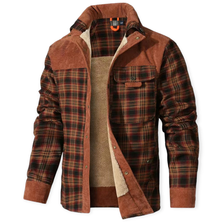 Kariertes Herrenhemd mit Fleece-Futter, braun-rot, warm, langärmelig, Herbstmode.