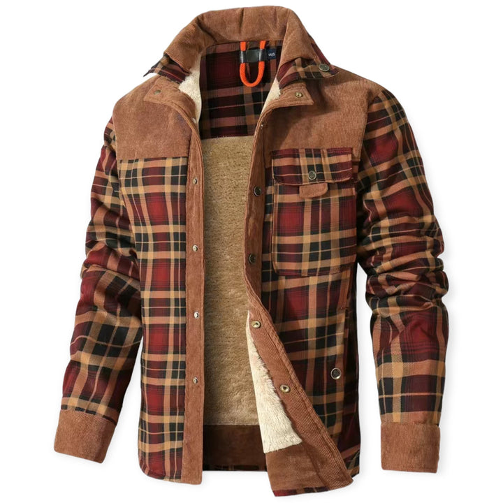 Kariertes Herrenhemd mit Fleece-Futter, braun-rot, warm, langärmelig, Herbstmode.