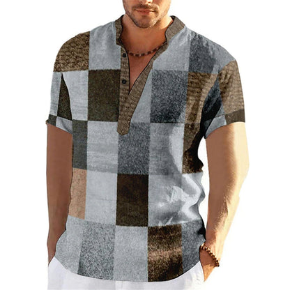 Männerhemd kariert, kurzarm, V-Ausschnitt, lässig, Baumwolle, modisch, Sommermode.