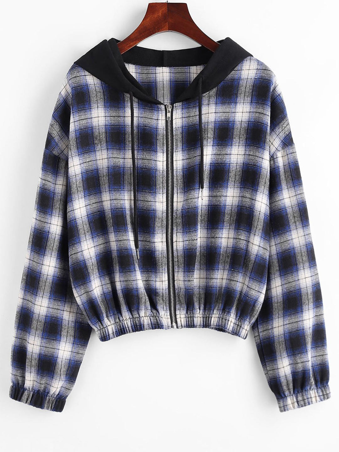 Kariertes Damen-Kapuzenhemd, blau-schwarz, Reißverschluss, langärmelig, modisch.