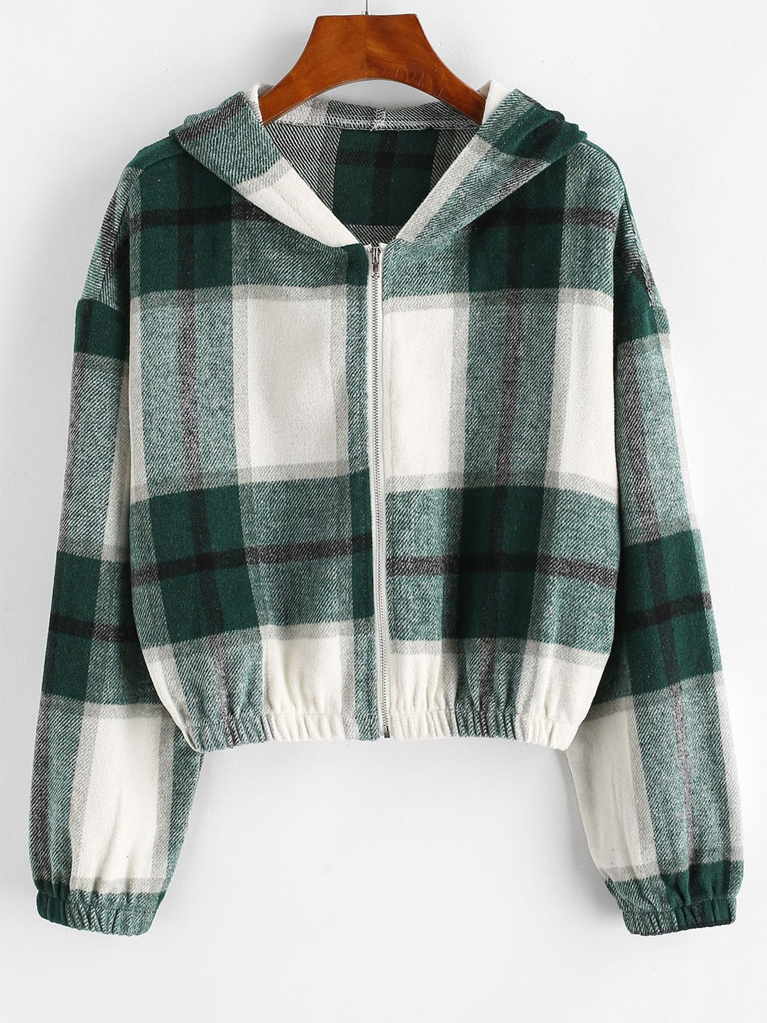 Grün-weiß karierte Kapuzenjacke, Reißverschluss, Damenmode, Baumwolle, lässiger Stil.