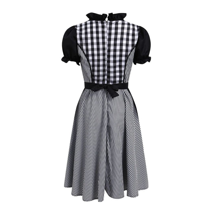 Schwarz-weiß kariertes Kleid, Vintage-Stil, Puffärmel, Schleife, Damenmode, Retro-Look.