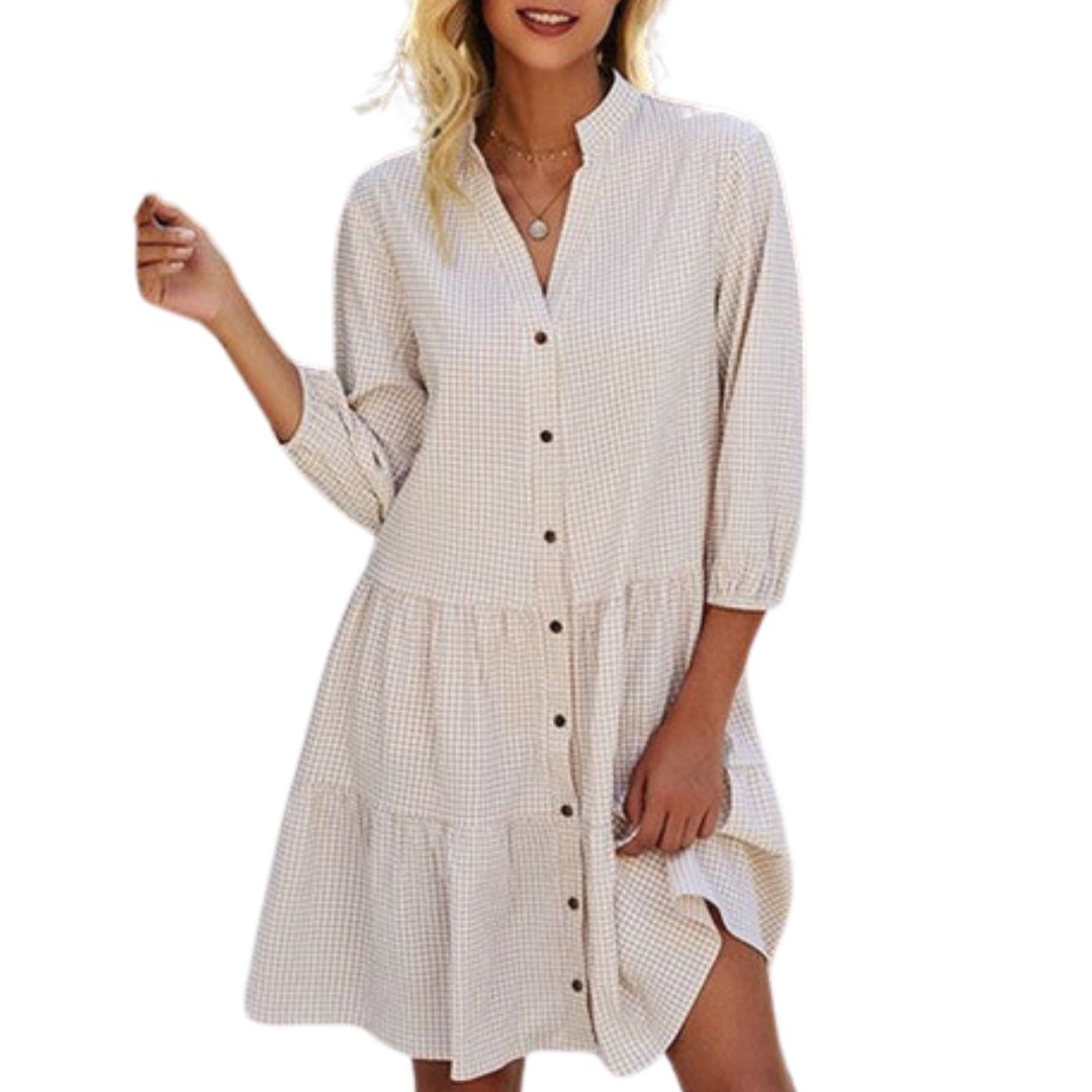 Damen Sommerkleid kariert beige, Knopfleiste, 3/4-Ärmel, Freizeitmode, Baumwolle.