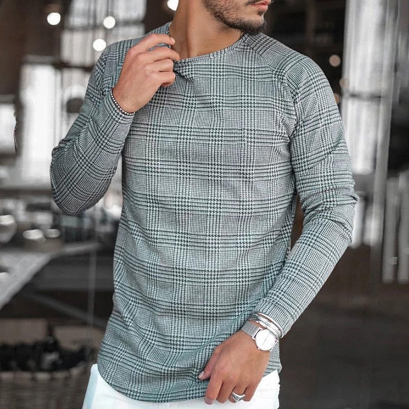 Graues kariertes Herren-Langarmshirt, modisch, bequem, Freizeitkleidung.