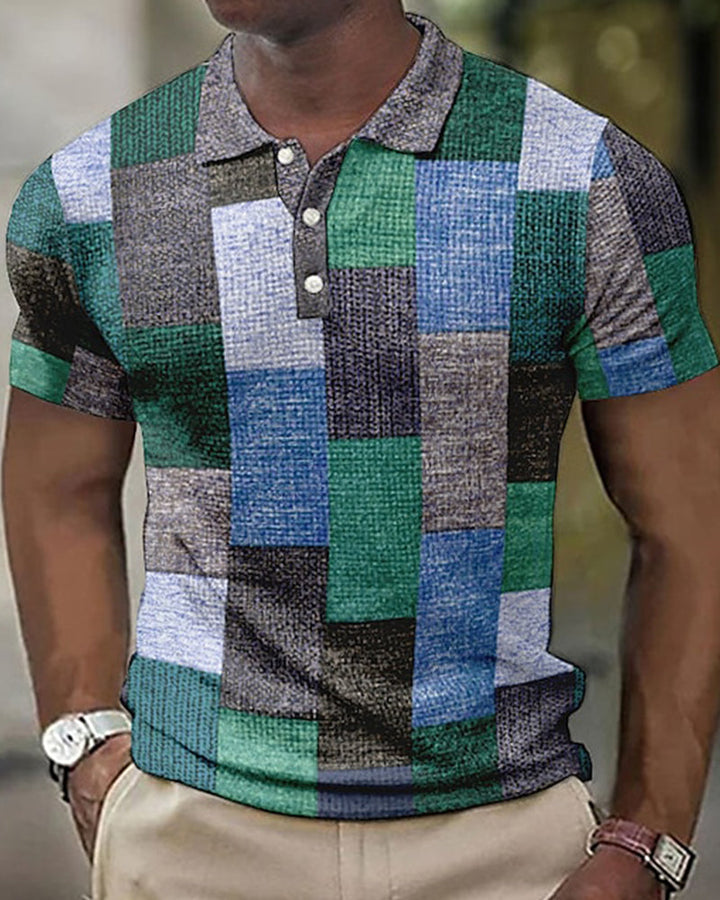 Männer-Polohemd, Patchwork-Design, Blau-Grün, Kurzarm, Freizeitmode, Baumwolle.