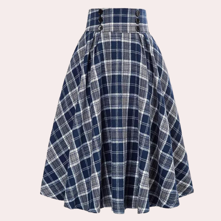 Blauer karierter Rock, A-Linie, Knöpfe, Damenmode, Baumwolle, Vintage-Stil, knielang.