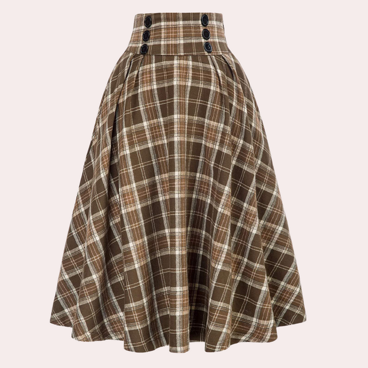 Brauner karierter Rock mit hoher Taille und Knöpfen, Damenmode, Vintage-Stil.