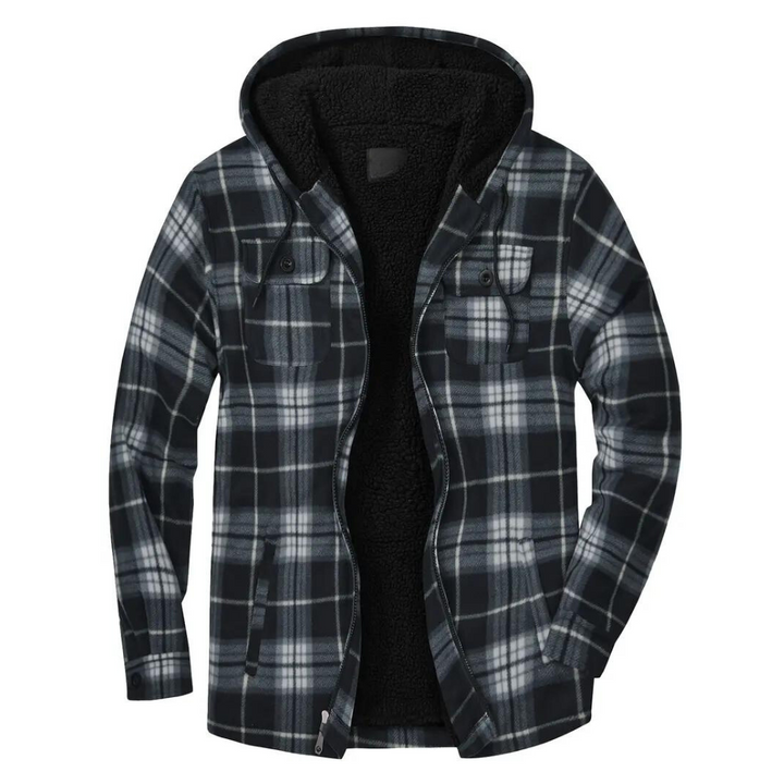 Schwarze karierte Herrenjacke mit Kapuze, warmes Futter, modisch, Winterbekleidung.