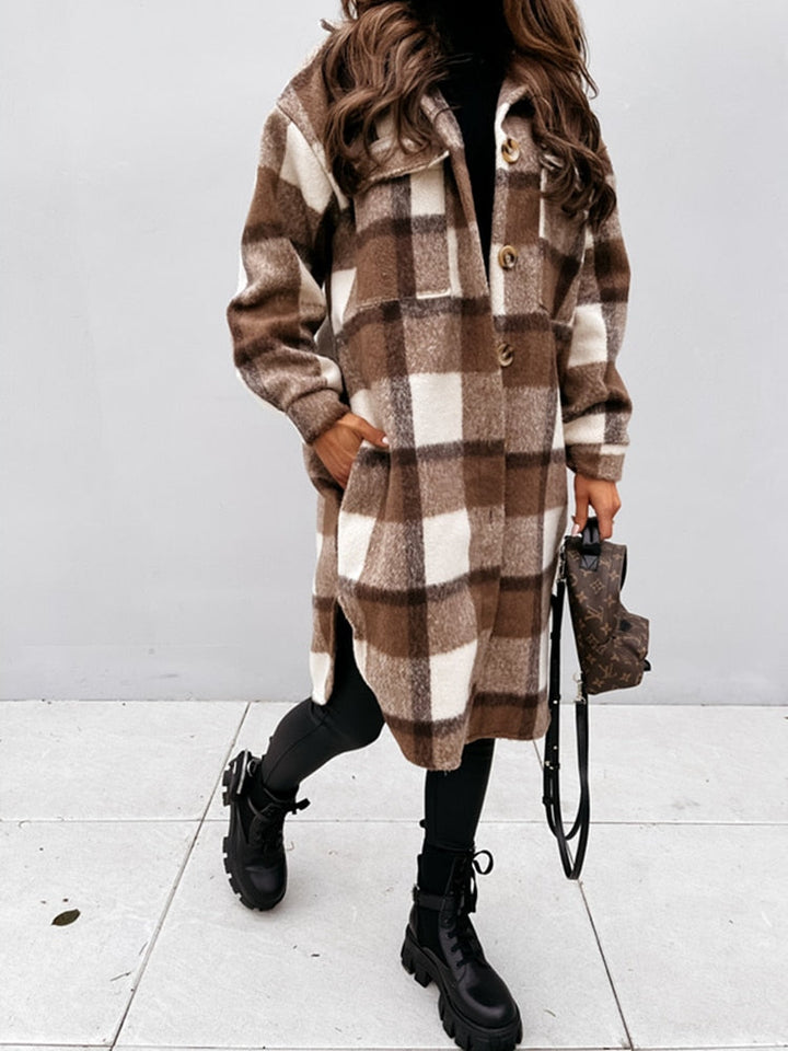 Braun-weiß karierter Wollmantel, Damenmode, Herbst-Winter, lässig, stilvoll, warm.