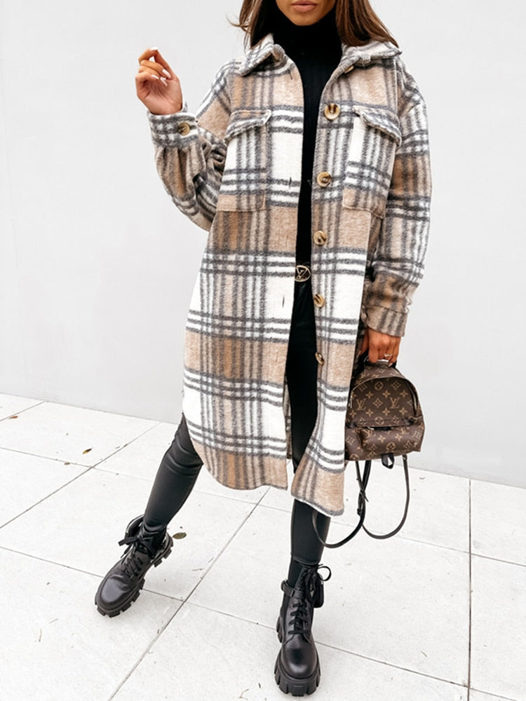 Damen Karo-Mantel beige-weiß, Knöpfe, Herbstmode, warm, stilvoll, lässig, Outdoor-Bekleidung.