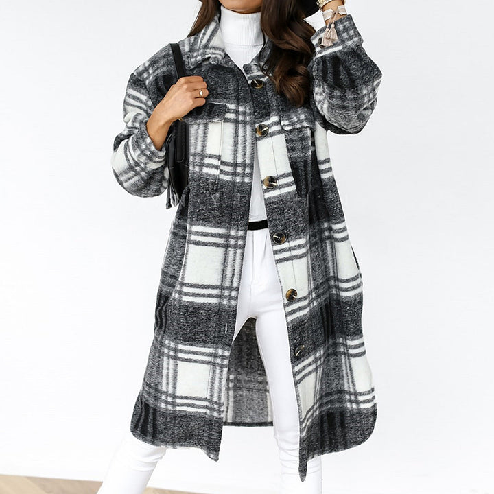 Damen Wollmantel kariert schwarz-weiß, Knopfleiste, modisch, warm, Herbst Winter Kleidung
