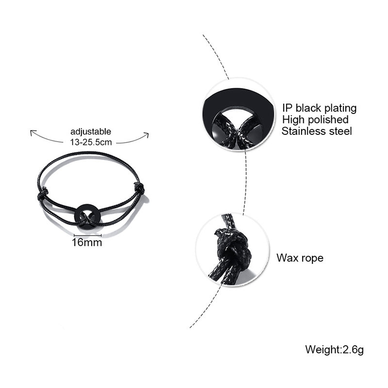 Schwarzes verstellbares Karma-Armband, Edelstahl, Wachsschnur, Yoga-Schmuck, 16mm Kreis.