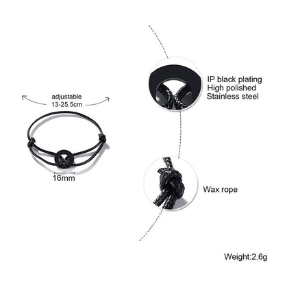 Schwarzes verstellbares Karma-Armband, Edelstahl, Wachsschnur, Yoga-Schmuck, 16mm Kreis.