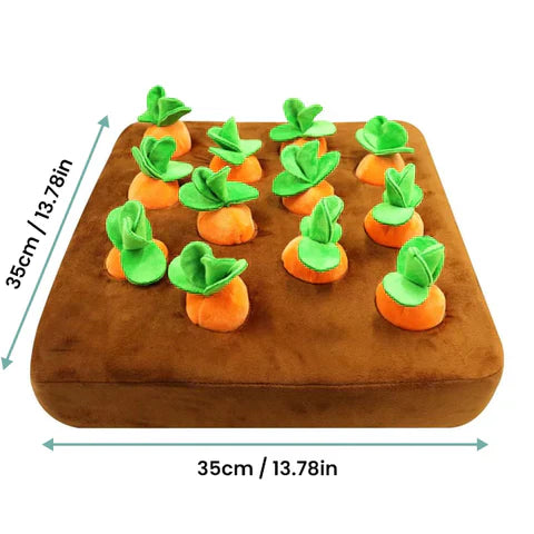 Braunes Hundespielzeug mit Karotten, 35x35cm, interaktives Plüsch, IQ-Training, Haustierbedarf.