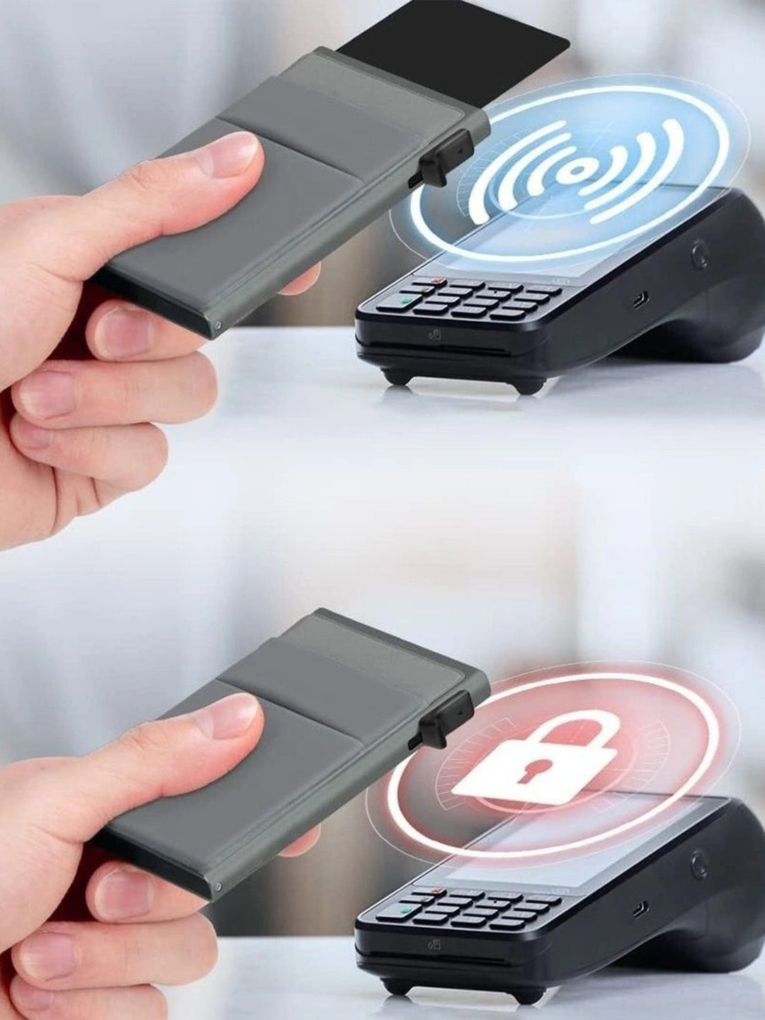 Zwei Hände mit RFID-Blocker und Kartenlesegerät, kontaktloses Bezahlen, Sicherheitsschutz.