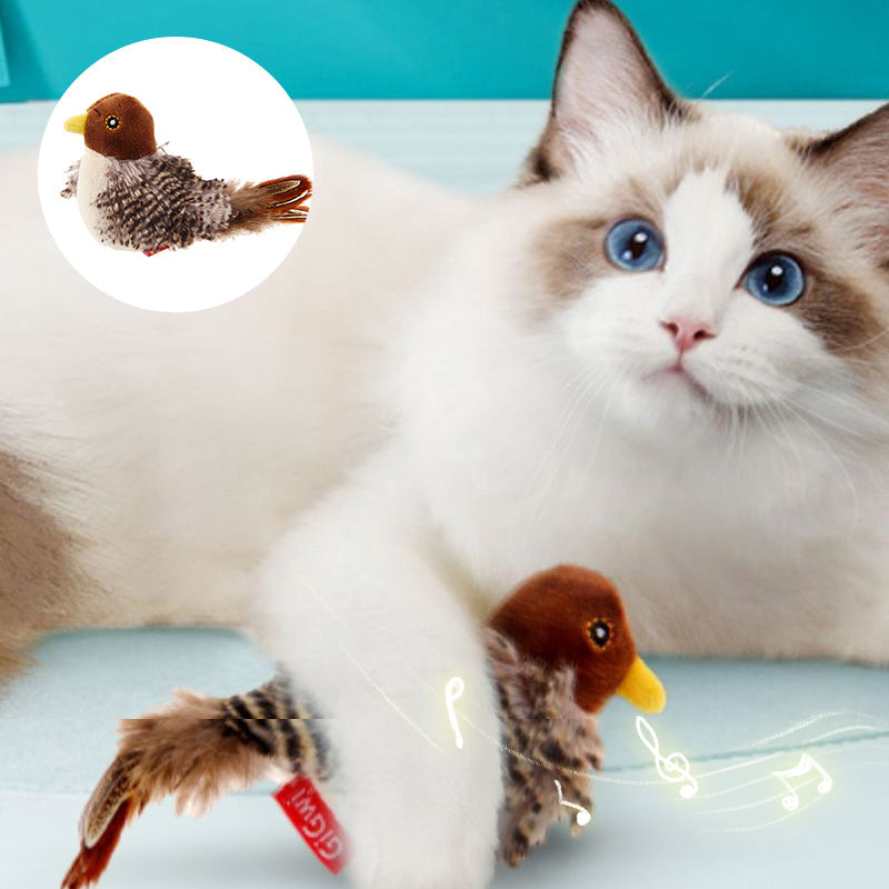 Weiß-braune Katze mit interaktivem Vogelspielzeug, Musik, Plüsch, Katzenspielzeug.