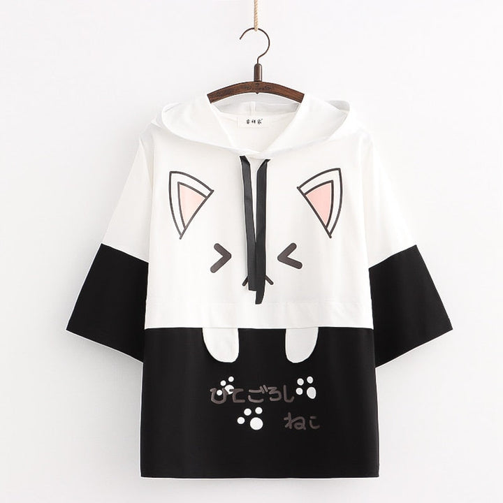 Kawaii Hoodie mit Katzenmotiv, schwarz-weiß, Kapuze, Unisex, Baumwolle, lässiger Stil.