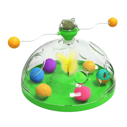Transparente Katzenspielzeug-Kuppel mit bunten Bällen und Federn, interaktiv, grün.